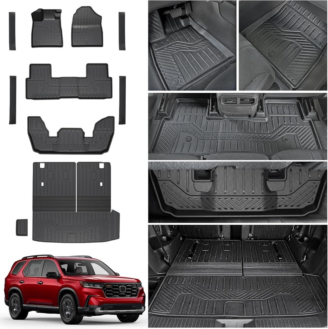 Floor Mats for 2023-2025 2026 Honda Pilot, Cargo Mat with Backrest Mat All Weather TPE Cargo Liner Replacement Protection for 2025 Honda Pilot Accessories Door Sill Guards