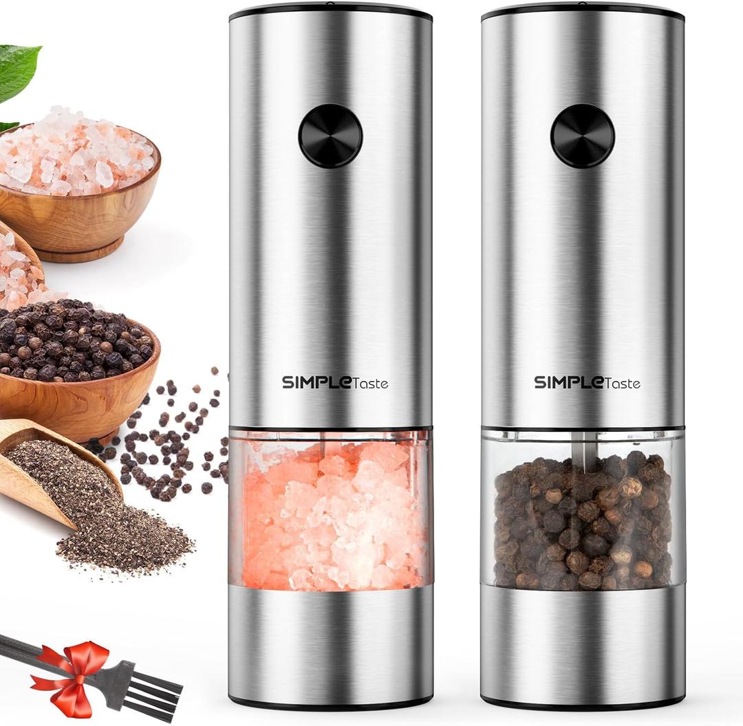 SIMPLETASTE Electric Salt and Pepper Grinder Set Automatic One Handed, Stainless Mill Shakers with Lights and Adjustable Coarseness, Battery Operated (Set of 2, Silver)