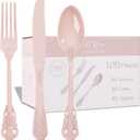 WDF 120 Pieces Heavy Duty Pink Plastic Silverware - Pink Plastic Cutlery Set - Disposable Pink Utensils - Disposable Flatware Includes 40 Forks, 40 Spoons, 40 Knives for Party, Wedding
