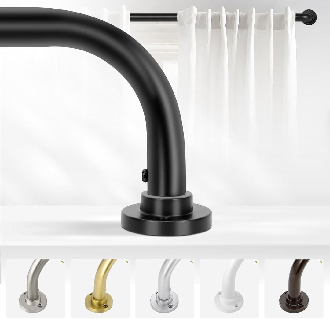 TANGWIN Black Wrap Around Curtain Rods 28 to 60 Inch:Blackout Heavy duty Adjustable Window Curtain Rod for Bedroom,Industrial Darkening Curved French Metal Single Drapery Rods Easy Install,Matte Black