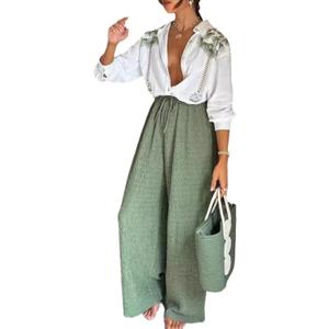 Womens Print Outfits Long Sleeve Lapel Loose Top Pleated Lace Up Pants Casual Outdoor Sets (X-Large, White)