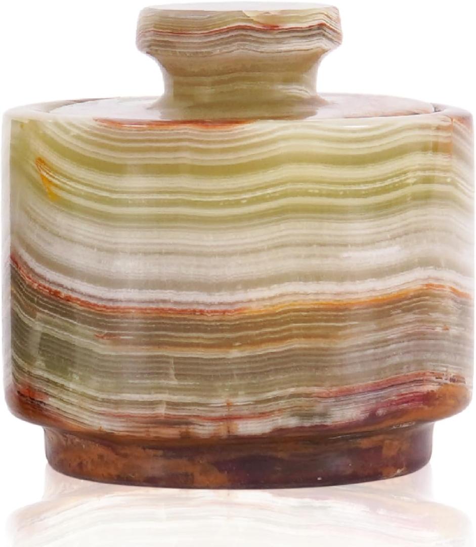 MARBLOUS KRAFTS Marble Salt Cellar with Lid 3" Green Onyx Stone Salt Holder for Counter & Stone Salt Container, Salt Dish, Salt Box & Spice Jar