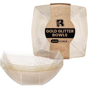 R-kay 6 Pack Plastic Serving Bowls - 64 OZ Gold Glitter Bowls - Salad Bowls Large Serving - Premium Heavy Duty For Weddings Catering And Birthday parties