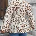 SOLY HUX Women's Plus Size Leopard Print Blouse V Neck Lantern Long Sleeve Peplum Ruffle Hem Flowy Tops (XL)