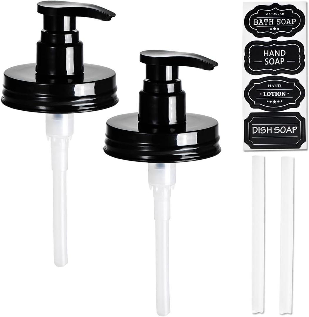 Amolliar Plastic Mason Jar Soap Dispenser Lids(2) - Universal Pump Replacement for Regular Mouth Jar - Long Tubes & Cute Lables -Farmhouse Decor for Kitchen, Bathroom, Dish Soap, Lotions, Hand Soap (Black)