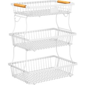 3 Tier Fruit Basket for Kitchen Counter with 2 Banana Hangers, Countertop Metal Fruit Bowl with Wooden Handle, Large Storage Stand for Vegetables, Snacks, Breads, Produce Storage – White