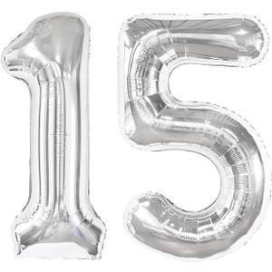 Silver Number 15 Balloon 40 inch, 15 Number Balloons, 15th Silver Birthday Decorations for Girls Boys Kids, 15 Year Old Silver Party Supplies