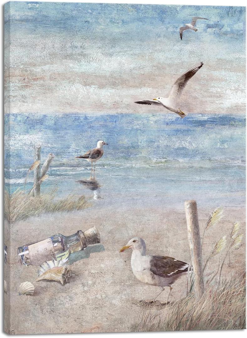 Pyradecor Bathroom Decor Blue Beach Seaside Seagull Picture Perching Bird by The Seashore Coastal Ocean Canvas Wall Art for Laundry Room Bedroom Living Room Decoration (16"L x 12"W)