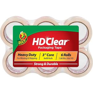 Duck HD Clear Packing Tape Refills - 6 Rolls of Heavy Duty Shipping and Moving Packing Tape - Clear Strong Packaging Tape for Boxes, Packing and Moving Supplies - 1.88 In. x 54.6 Yards (441962)
