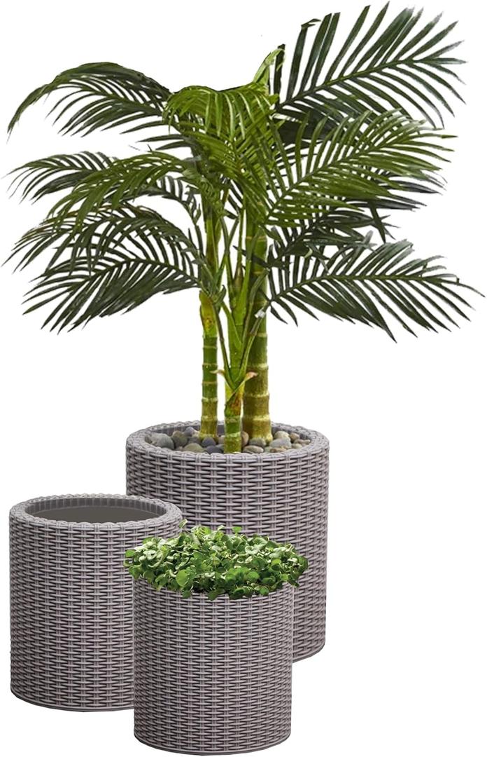 Keter Cylinder Set of 3 Rattan Resin Planter for Indoor and Outdoor Plants Ideal Decorative Planter for Porches and Patio Decor, Taupe, Medium