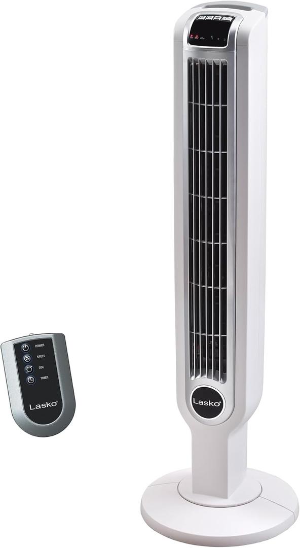 Lasko Oscillating Tower Fan with Remote Control, 3 Quiet Speeds, Timer for Bedroom, Kitchen, Office Use, White, 36" 2510