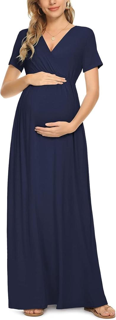 Xpenyo Maternity Maxi Dress Women Casual Wrap Long Baby Shower Pregnancy Dresses (Blue, XXL)