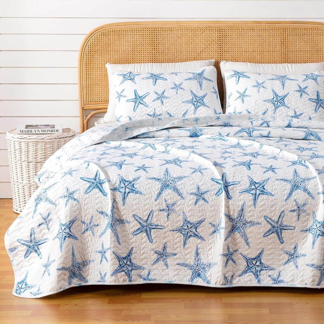 Great Bay Home Coastal Quilt Set - 2-Piece Twin/Twin XL Size Nautical Bedding Set - Lightweight, All-Season, Reversible Starfish Bedspread (Blue)