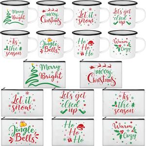 Honeydak 16 Pcs Christmas Gifts Set, 8 Enamel Coffee Mug and 8 Holiday Makeup Bag, 12 oz Mug and Pouch Bulk for White Elephant, Secret Santa, Coworker Employee Holiday Exchange(Red and Green,Classic) (Multicolor)
