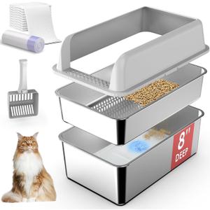 Suzzipaws XL Stainless Steel Sifting Litter Box with Lid for Pine Pellets | 7" Deep High-Sided Non-Stick Stainless Steel Pan with Anti-Leakage and Easy-Clean for Big Cats Using Pellets