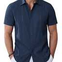 Alimens & Gentle Men's Cuban Guayabera Shirts Cotton Linen Short Sleeve Button Down Shirts Casual Summer Beach Camp Shirt 2XL