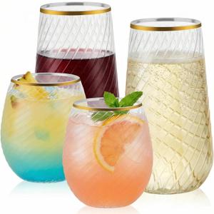 48 Pack Plastic Wine Glasses – 24 x 9oz Stemless Champagne Flutes & 24 x 12oz Disposable Wine Glasses – Elegant Disposable Plastic Cups with Gold Rim – BPA-Free Drinkware for Weddings, Parties-Spiral