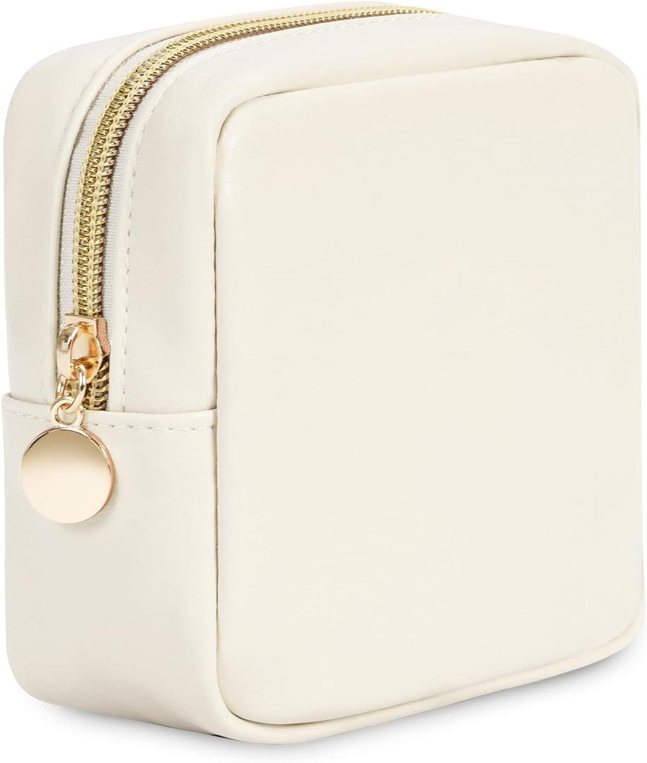 Wandering Nature Small Makeup Bag for Purse Mini Make up Pouch Cute Cosmetic Pouch for Women with Slip-in Pockets Matte Leather, Milky White