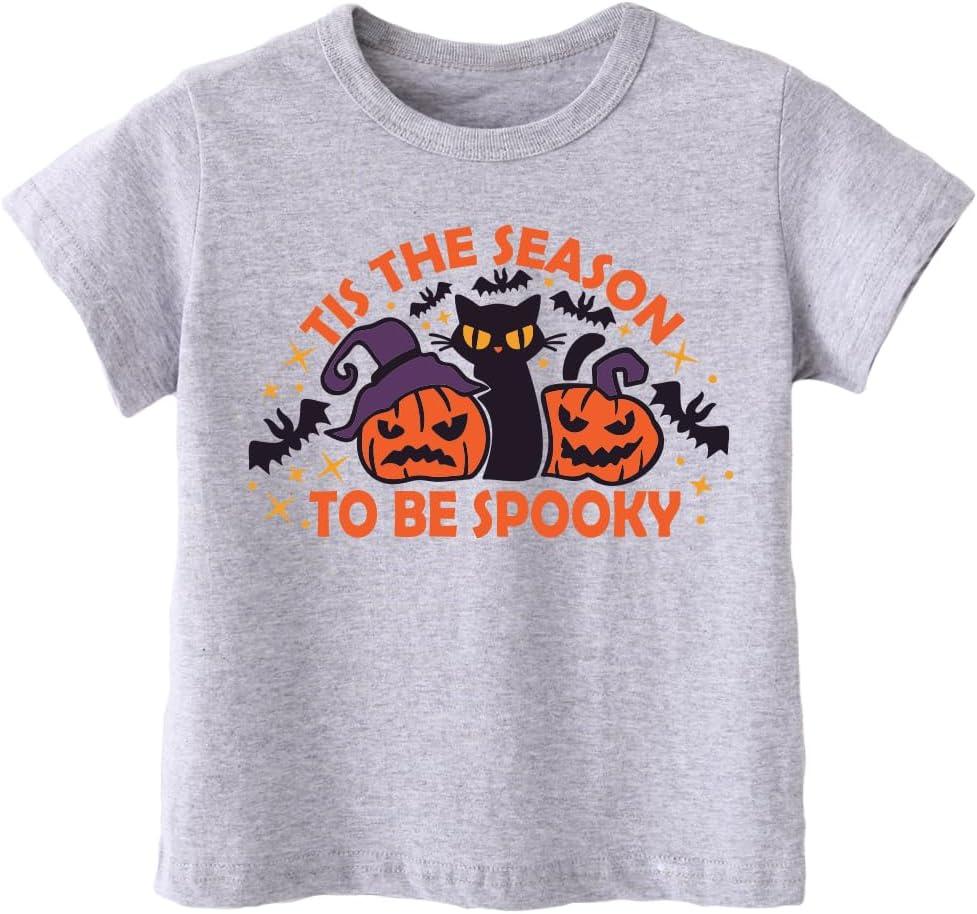 Halloween Shirts for Toddler Boys Girls Kids 2-8 Years, Unisex Pumpkin Ghost Bat Soft Cotton Short Sleeve Tee (Gray)