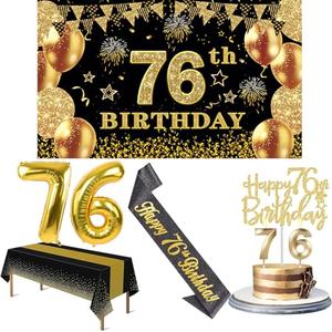 76th Birthday Decorations Men Women with 76th Birthday Banner, Black and Gold Table Cloth, Number Balloons, Sash, Cake Topper and Candles