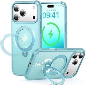Peerock 360 Spin Magnetic Stand (Pro-Version) for iPhone 17 Pro Case (Compatible with MagSafe) [Military Drop Protection] Matte Translucent Shockproof Protective Phone Case 6.3'', Lake Blue