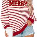 Christmas Sweatshirt for Women Merry Sweater Embroidered Striped Crewneck Sweatshirts Holiday Long Sleeve Pullover (Medium)