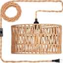 Rattan Hanging Lights with Plug in Cord - Wicker Bohemian Hanging Light - Boho Chandelier Pendant Light Fixture - Hand Woven Cage Shade - Outdoor Farmerhouse Rattan Plug in Pendant Light (Model-2)