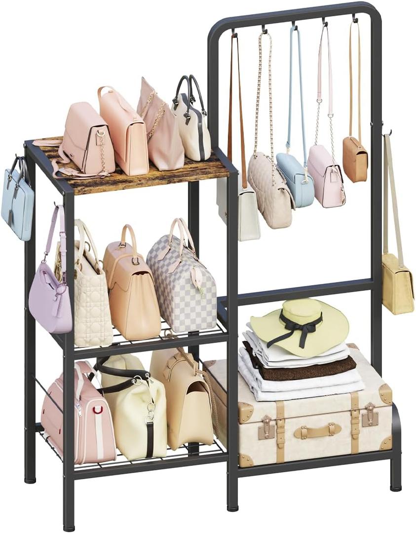 3-Tier Floor-Standing Purse Organizer for Closet, Black
High-Capacity Handbag Organizer with 5 Purse Hanger & 3 Side Hooks, Space-Saving Purse Rack Stand for Storage in Small Space