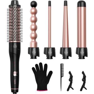 5 in 1 Wand Curling Iron Set, Hair Styling Tools with Thermal Brush and 4 Interchangeable Ceramic Barrels from 1/2 to 1 1/2 inch, Fast Heating, Dual Voltage Hair Curler, Gifts for Women (Rose Gold)