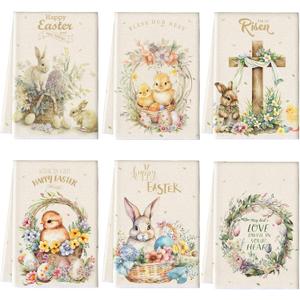 Patelai 6 Pack Easter Towels Kitchen Spring Bunny Chicken Hand Cloth Tea Towel Rooster He is Risen Cross Happy Easter Hand Dishcloth Holiday Flowers Washcloths for Spring Home Housewarming Gift (Mixed Style)