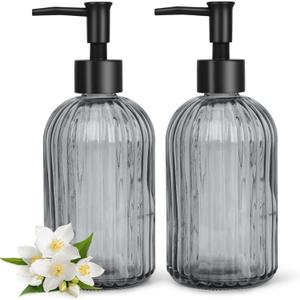 2 Pack Glass Soap Dispenser Set, 400ml/13.5oz Refillable Liquid Soap Bottles with Vertical Stripe Design, Lotion Dispenser for Modern Home Decor, Bathroom, Kitchen, Laundry Room, Hotel (Black)