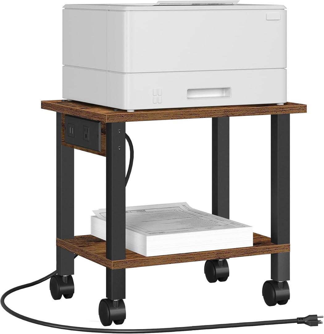 TUTOTAK 2 Tier Printer Stand, Rolling Printer Cart with Power Outlets and USB Ports, Mobile Printer Table with Wheels, for Under Desk, Office, Home,Brown PS01BB001 (2 tier(15.7 x 11.8 x 15.4inches))