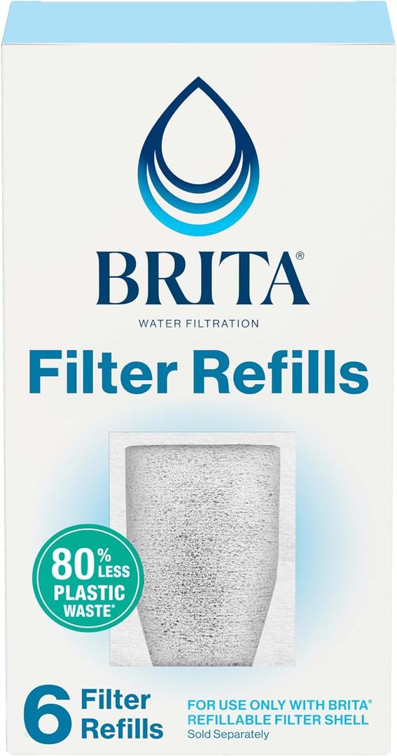 Brita Refillable Water Filter Refill Packs for Pitchers and Dispensers, BPA-Free, 80% Less Plastic*, Each Lasts Two Months, For Use with Refillable Shell (Sold Separately), 6 Filters