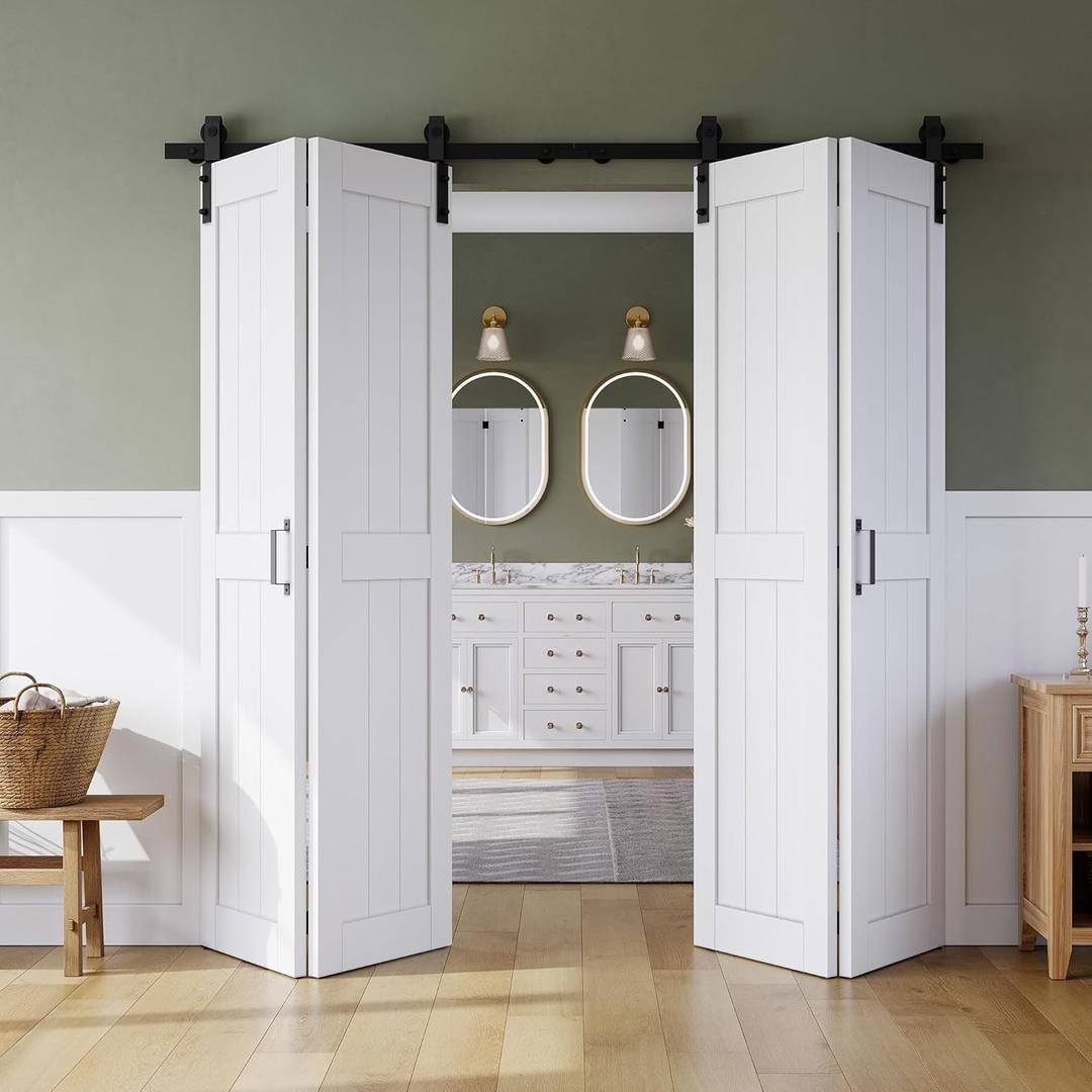 Bifold Barn Door 80" x 84", MDF Bi-Fold Sliding Closet Doors with Hardware Kit Included, Pre-Finished Easy Assembly, Water-Proof PVC Surface & Save Space, H-Frame, 88" Track for 4 Doors,White