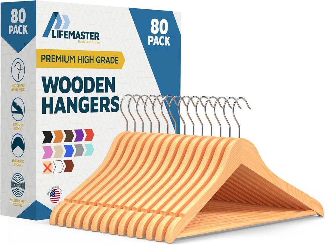 Wooden Hanger Set - 80 Pieces Non-Slip Versatile Closet Space-Saving Hanger Set for Suit, Coat, Camisole, Jacket, Pants, and Dresses with Rotating Swivel Hook - Natural Wood (80 Pack)