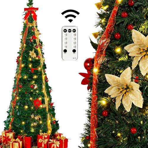 6ft Pop Up Prelit Christmas Tree with Remote, Collapsible pre lit Artificial Christmas Tree with Already Decorated Pull Up 100 White Lights Red&Gold Ribbon, Bows for Christmas Holiday Party Decor