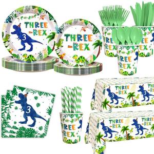 AIBIIN 194pcs Three Rex Birthday Decorations for Boy 3rd Birthday Party Plates, Cup, Napkin, Tablecloth, Tableware, Dinosaur 3 year old Birthday Party Supplies Plates Serve 24 Guests