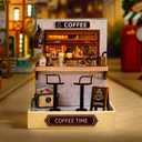 TuKIIE DIY Miniature Dollhouse Kit with Furniture, 1:24 Scale Creative Room Mini Wooden Doll House Plus Dust Proof for Kids Teens Adults(Coffee Time)
