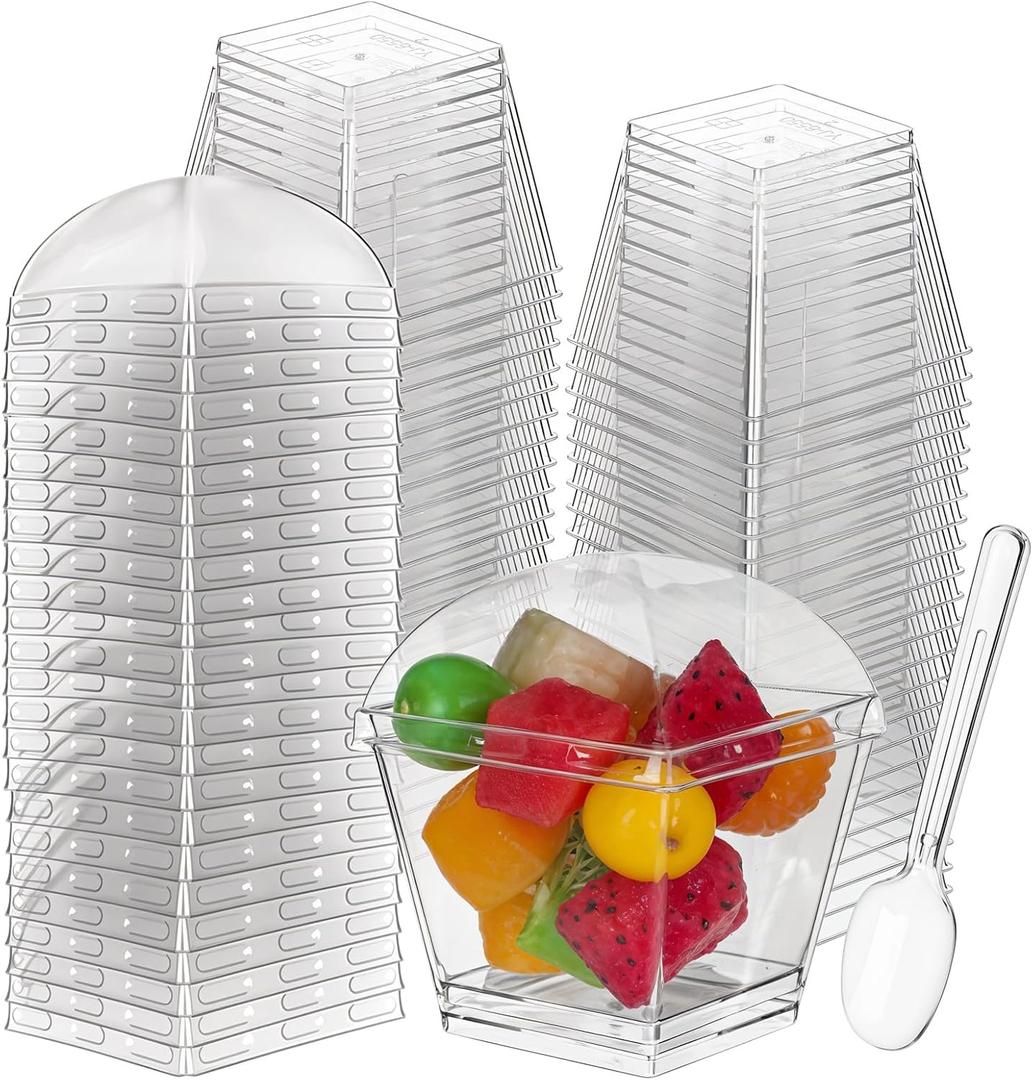Grevosea 50 Pack 4 oz Clear Dessert Cups with Lids and Spoons, Disposable Mini Plastic Parfait Cups Party Fruit Containers for Parties Appetizers Ice Cream Pudding Salad Cold Drin Cake Jello