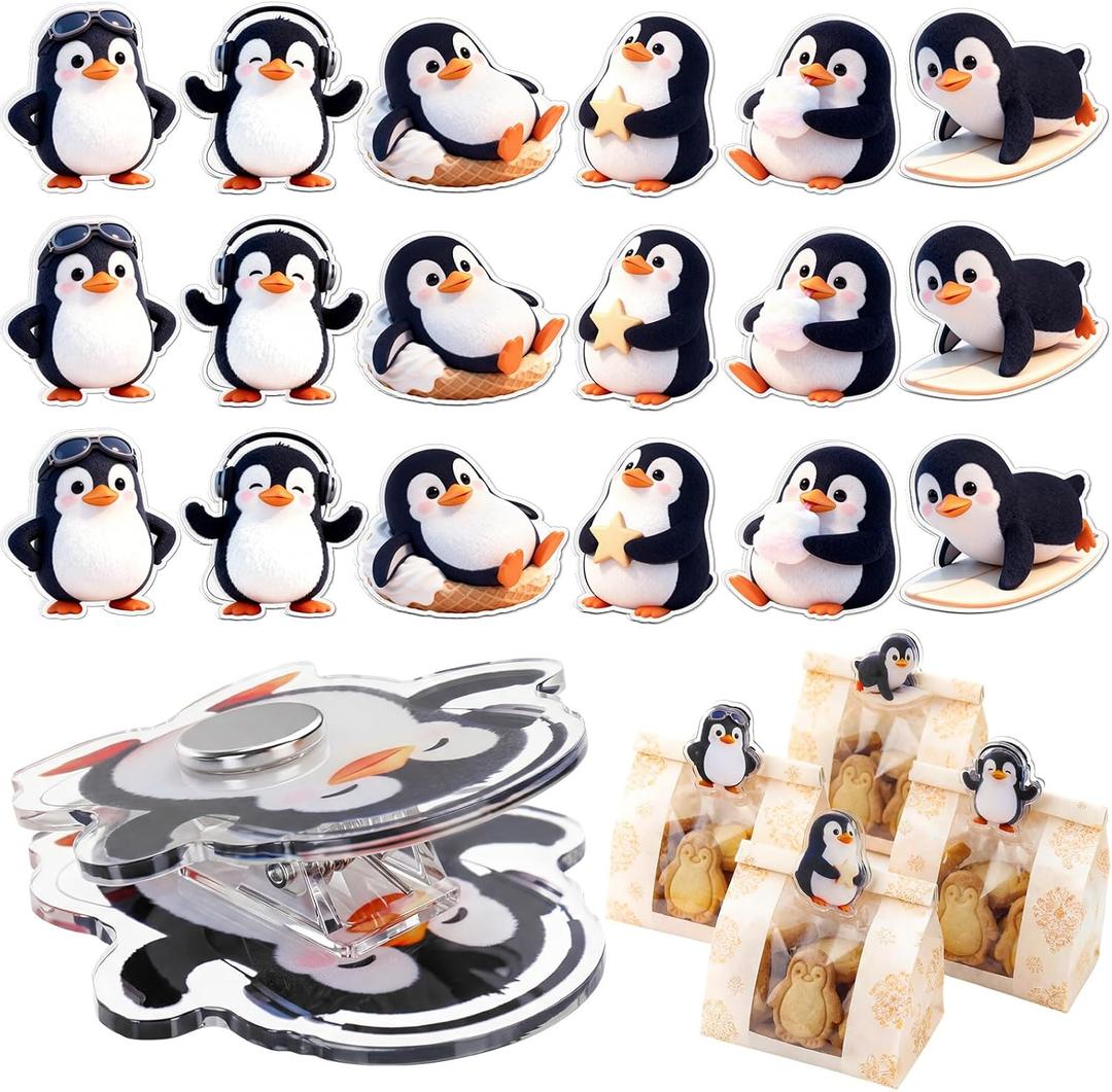 Relaxweex 18 Pack Penguin Magnetic Chip Clips Cute Black Food Bag Clips Funny Fridge Magnets for Kitchen Organization Snack Storage Home Use