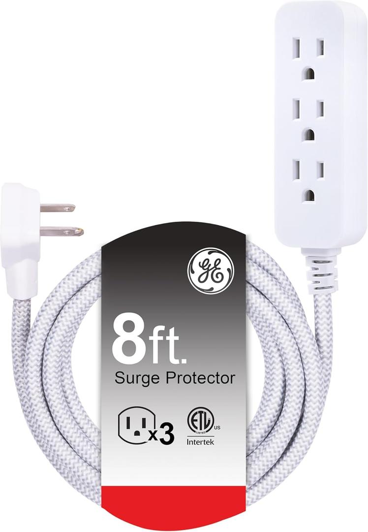 GE 3-Outlet Power Strip Surge Protector 8 Ft Braided Extension Cord with Multiple Outlets Grounded Flat Plug ETL Listed White 38433