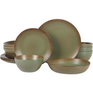 Bloomhouse Palermo Sun Double Bowl Stoneware Reactive Glaze Plates and Bowls Dinnerware Set - Cardamom Green, Service for Four (16pcs)