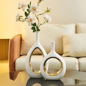 Ceramic Vase White Gold Vase Set of 2 for Home Decor, Minimalist Hollow Ellipse Flower Vases for Bookshelf TV Stand Kitchen, Rustic Farmhouse Fireplace Mantle Table Centerpieces Decoration