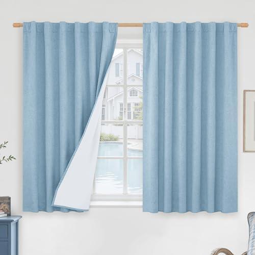 LAMIT Stone Blue 100% Blackout Window Curtains for Boy Bedroom, 45 Inches Linen Textured Thermal Farmhouse Curtains Back Tab and Rod Pocket Window Panels with White Liner, 2 Panels, 52 x 63 Inch