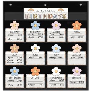 FYSUIMU Birthday Pocket Chart Pastel Boho Flower Month Cards Colorful Birthday Chart Calendars for Classroom Bulletin Board Chalkboard Wall Display