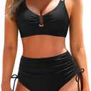 Yonique Women's Two Piece High Waisted Bikini Set Tummy Control Swimsuit Full Coverage Bathing Suit, Large, U Wire - Black