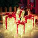 COVFEVER Christmas Lighted Gift Boxes, Pre-lit Lights Gift Boxes Set of 4, Light up Present Boxes Set Battery Operated with Different Sizes for Holiday Indoor Outdoor Decorations(Warm White)