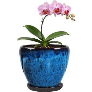 Ceramic Plant Pots with Saucer, 6 inch Glaze Planters for Indoor Plants with Drainage Holes, Decorative Small Flower Pots Outdoor, Modern Succulent Pots for Home Room Decor (Blue)