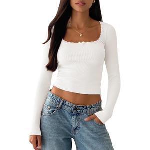 BZB Womens Long Sleeve Crop Tops Fall Y2K Lace Square Neck Slim Fitted Basic Ribbed Tee Blouse Shirts (Large, White)