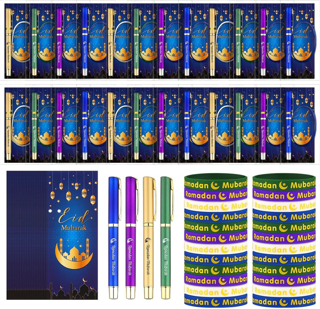 Ctosree 96Pcs/24Set Eid Mubarak Gifts Bulk Ballpoint Pens with Greeting Cards Eid Ballpoint Pens Bookmark Card and Silicone Bracelet Ramadan Islamic Party Favors Goodie Bag Fillers Stuffers